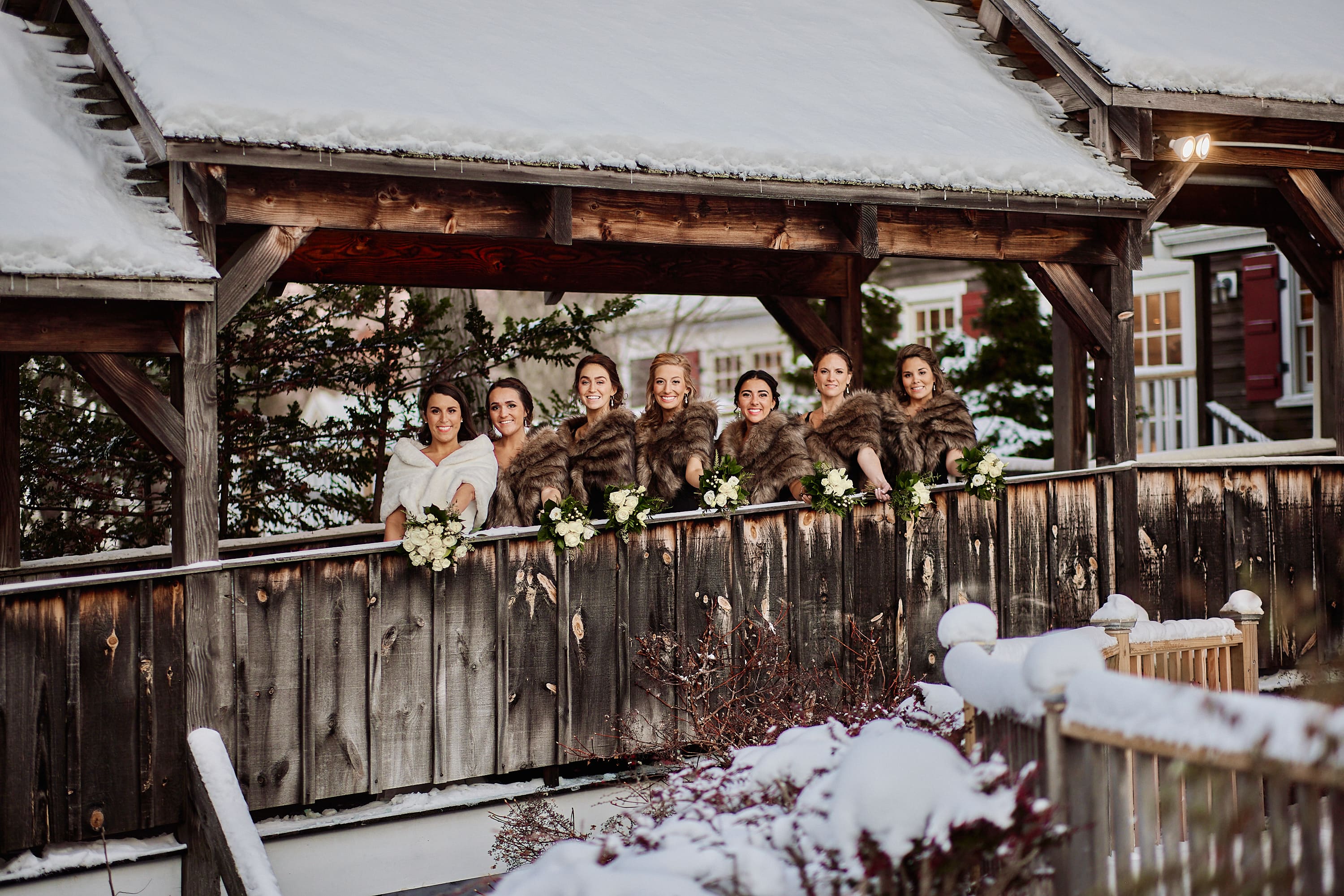 Group photo of bridesmaids in winter setting in Massachusetts